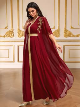 Luxury Burgundy Heavy Gold-Embroidered Arabic Abaya Cape-Sleeve Open-Front Dress Banquet / Party Gown
