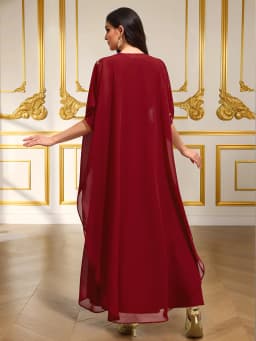 Luxury Burgundy Heavy Gold-Embroidered Arabic Abaya Cape-Sleeve Open-Front Dress Banquet / Party Gown