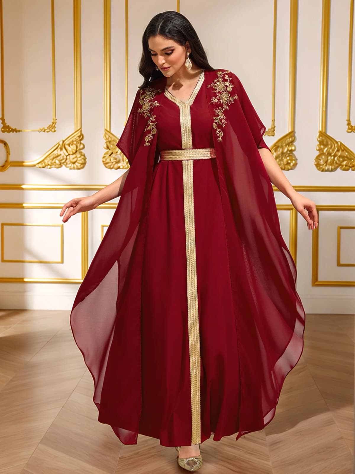 Luxury Burgundy Heavy Gold-Embroidered Arabic Abaya Cape-Sleeve Open-Front Dress Banquet / Party Gown