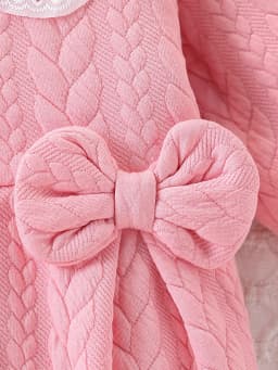 Pink Thickened One-Piece Romper for Baby Girls, with Cable Knit Quilted Fabric, Doll Collar with Hollow Lace, Double Bow, Snap Buttons on the Front and Crotch, Warm and Cute