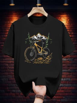 Summer Men's 100% Cotton Casual Loose Mountain and Bicycle Pattern Printed Comfortable Sports Round Neck Short Sleeved T-Shirt