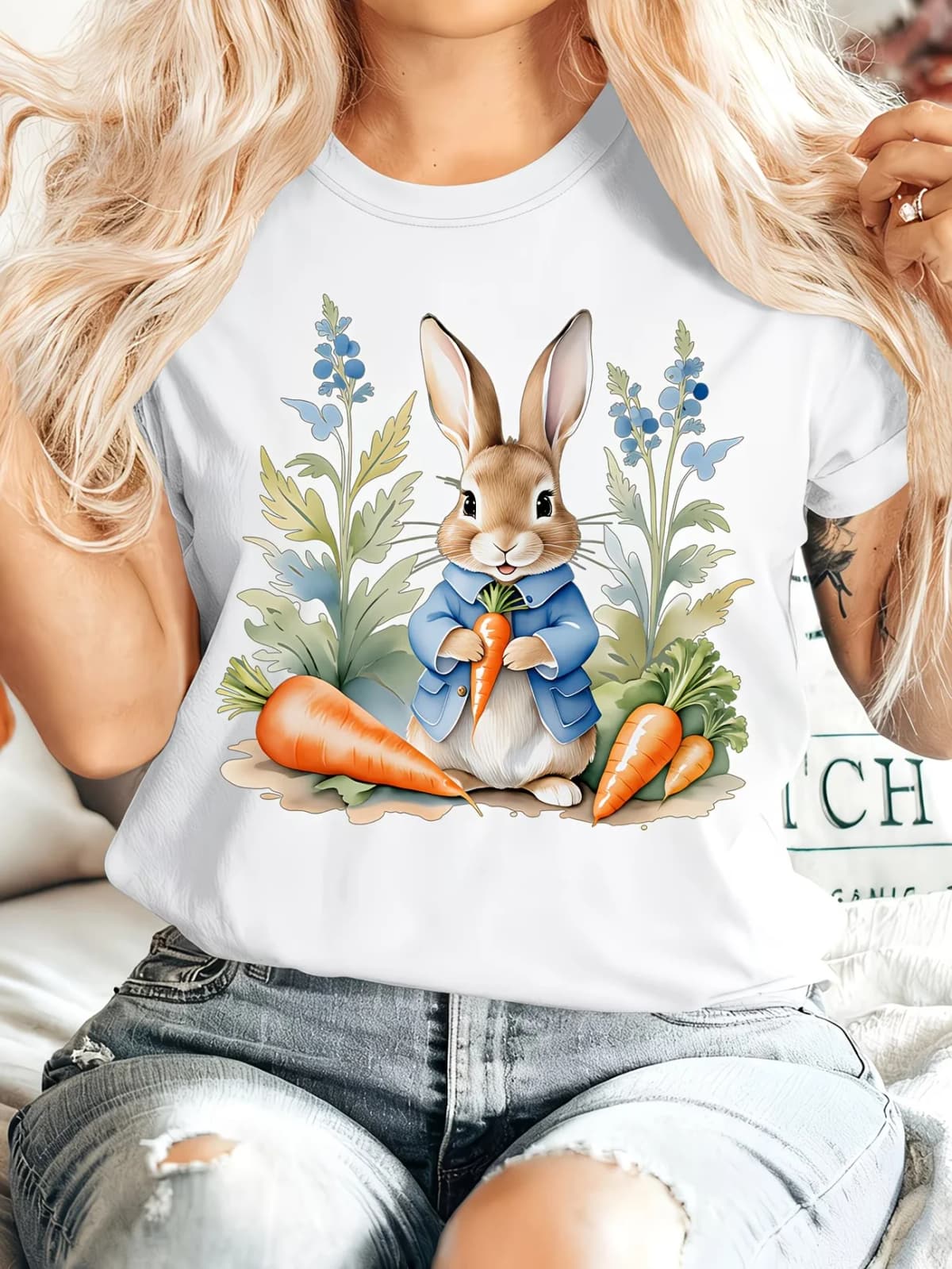 Easter Gift Women's Summer Clothing Peter Rabbit Round Neck Short Sleeve T-Shirt Rabbit Holding a Carrot Sitting Among Flowers