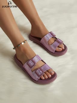 New Luofu Fashionable Women's Slippers, Outdoor Casual Double-Buckle Sandals, Thick-Soled Eva Material, Comfortable and Eco-Friendly Slippers, Indoor Non-Slip Slippers, Casual Slippers