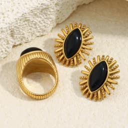 MamacitaSlay 316L Stainless Steel Black Agate Earrings Rings 18k Gold Plated Waterproof Jewelry Set For Women Unique Cool Gift