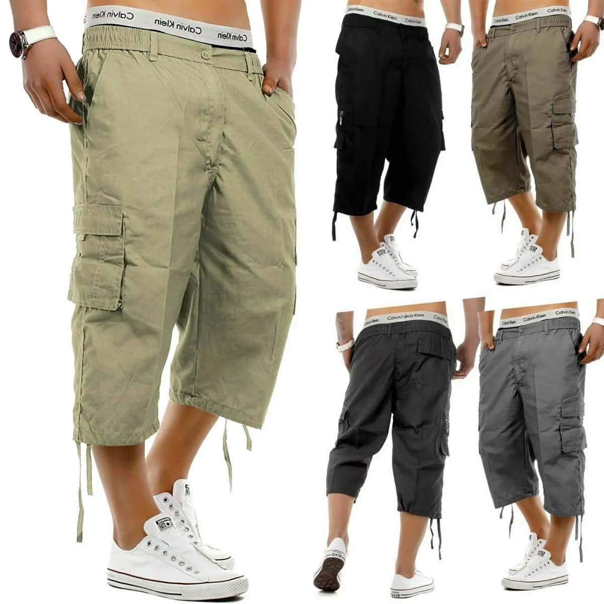 Men's Cargo Shorts Solid Color Loose Fit Elastic Waist Large Size Outdoor Spring Summer Casual Pants with Multiple Pockets