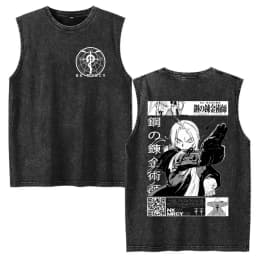 Vintage Washed Anime Fullmetal Alchemist Tank Tops Edward Elric Alphonse Elric T-Shirt Men Women Casual Sleeveless Vest T-shirts