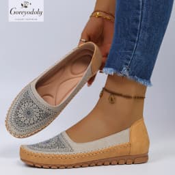 goreyodoly Women Slip On Loafers Wide Fit Comfortable Flats Lightweight Breathable Colorblock Shoes Embroidery Rhinestone Detail