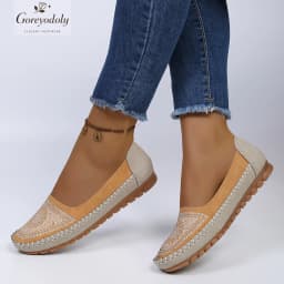 goreyodoly Women Slip On Loafers Wide Fit Comfortable Flats Lightweight Breathable Colorblock Shoes Embroidery Rhinestone Detail