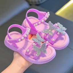 Kids' Sandals PU Leather Sequin Peep Toe Summer Outdoor Flat Shoes For Girls Breathable Anti-slip White Purple Pink Size 25-36