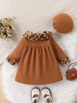 Retro Leopard Print Doll Collar Woolen Coat Set, Long Coat + Beret Two-Piece Set for Baby Girls, Autumn and Winter Fashionable and Elegant Set