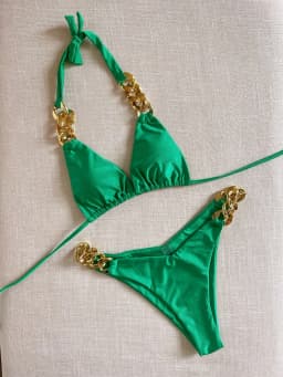 2026 New Sexy Triangle Swimsuit Solid Color Chain Decoration Split Bikini Set Beachwear Brazilian Swimwear Bathing Suit