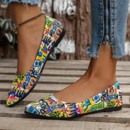 Women's Pointed Toe Graffiti Print Ballet Flats Lightweight Slip-On Non-Slip Fashion Casual Flat Shoes Large Size