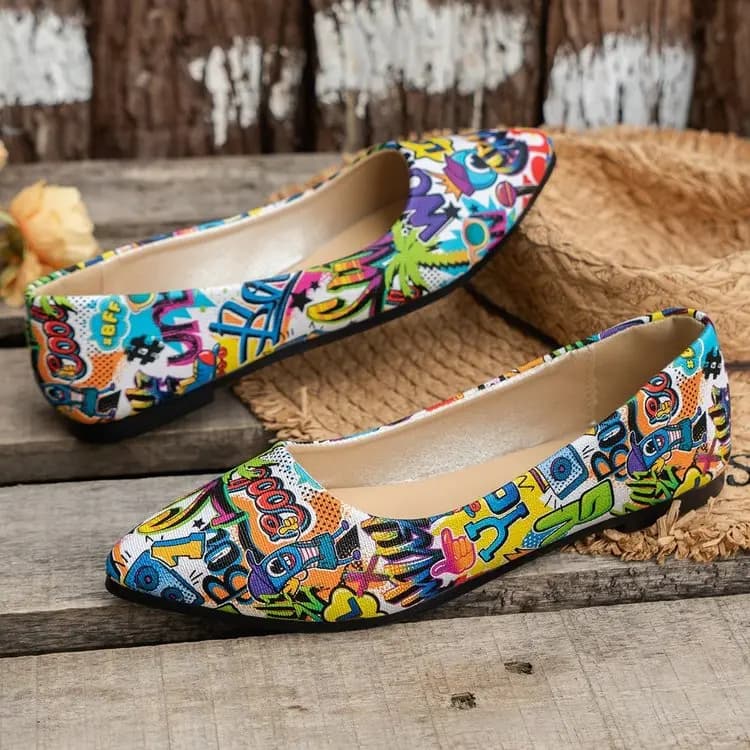 Women's Pointed Toe Graffiti Print Ballet Flats Lightweight Slip-On Non-Slip Fashion Casual Flat Shoes Large Size