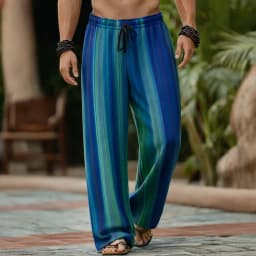 Men's 3D Geometric Striped Gradient Casual Pants, Baggy Mid Waist, Elastic Drawstring Waist, Spring Summer
