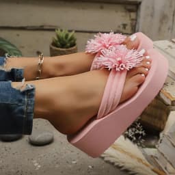 Women'S Elegant Pink Floral Flip-Flops Comfortable Lightweight Thick Sole Summer Sandals Women Clip Toe Platform Slippers 42
