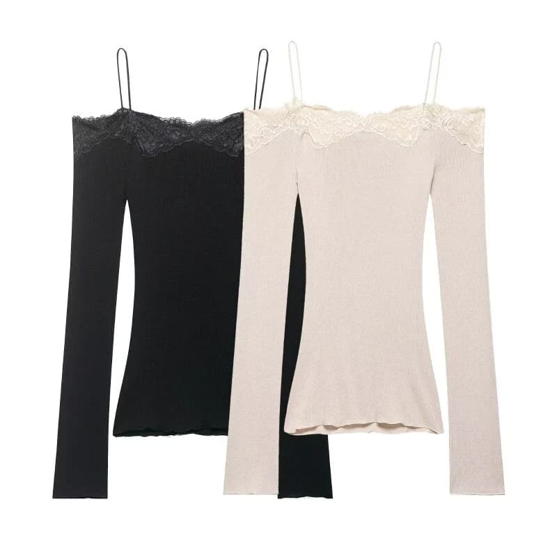 Lace Trim Off Shoulder Long Sleeve Knit Top for Women, Sexy Slim Fit Camisole, Spring Summer Casual Fashion Top