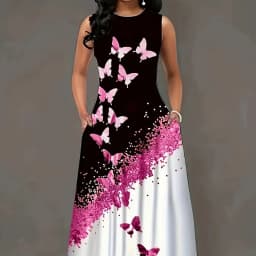 Summer new gradient butterfly print sleeveless dress, loose and slimming with pockets, elegant long skirt