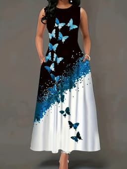 Summer new gradient butterfly print sleeveless dress, loose and slimming with pockets, elegant long skirt