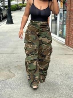 American High-Street Camouflage Cargo Pants, High-Waisted Straight-Leg Wide-Leg Design, Heavy-Duty Multi-Pocket, Slim-Fit Trendy