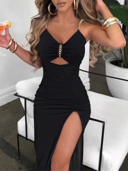 Metal Chain Shoulder Strap V Neck Thigh-high split Bodycon Midi Dress Women Sleeveless Skinny Long Dress Elegant Club Party