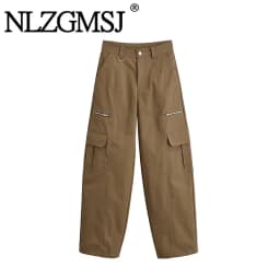 NLZGMSJ 2026 Spring Casual Solid Cargo Pants Women Pockets High Waist Wide Leg Trousers Fashion Streetwear Zipper Pant