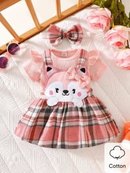 Summer newborn baby girl short sleeved jumpsuit paired with cartoon plaid shoulder strap skirt, headband three piece set