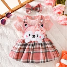 Summer newborn baby girl short sleeved jumpsuit paired with cartoon plaid shoulder strap skirt, headband three piece set