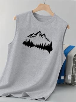 100% Pure Cotton Men's Summer Fashionable Casual Loose Mountain Reflection Printed Fitness Breathable Round Neck Sleeveless Vest