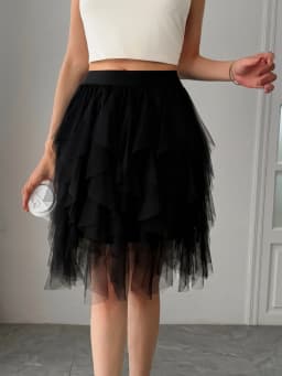 Summer style women's chiffon mid length skirt with irregular layered ruffle edge cake skirt, elegant and fairy like A-line skirt