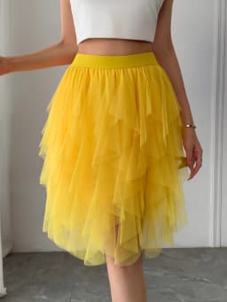 Summer style women's chiffon mid length skirt with irregular layered ruffle edge cake skirt, elegant and fairy like A-line skirt