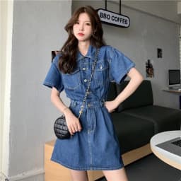 Women Vintage Denim Shirt Dress High Waist A-line Jean Mini Dress for Ladies Retro Y2K Streetwear Dresses for Women Party Outfit