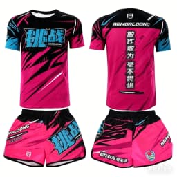 2026 Summer Men's MMA Training Suit Quick Dry Combat Sportswear Set Bold Pink & Black Graphic Shorts & T-Shirt Outfit for Kids