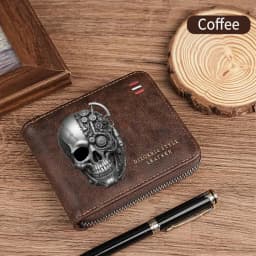 Dominator Dark Skull Men's Vintage Short Wallet Zipper Coin Purse Casual Buckle Waist Chain Money Bag For Students Gift