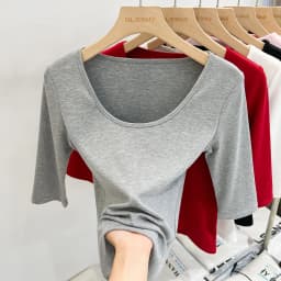 Zjaiss Women's White Base Top 2026 New U-Neck Three-Quarter Sleeve Tee for Spring & Summer Solid Versatile Casual Simple T-Shirt