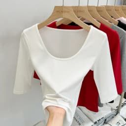 Zjaiss Women's White Base Top 2026 New U-Neck Three-Quarter Sleeve Tee for Spring & Summer Solid Versatile Casual Simple T-Shirt