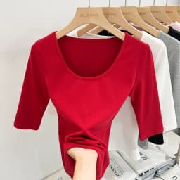 Zjaiss Women's White Base Top 2026 New U-Neck Three-Quarter Sleeve Tee for Spring & Summer Solid Versatile Casual Simple T-Shirt
