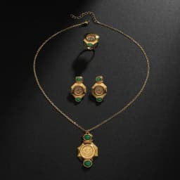 Vintage Gold Coin Pendant Necklace Set with Green Gemstone Earrings & Ring Arab Style Jewelry for Women, Party Wedding Gift