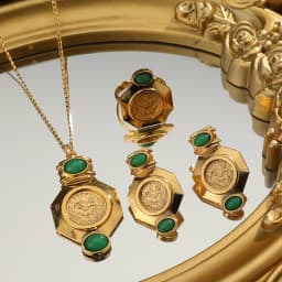 Vintage Gold Coin Pendant Necklace Set with Green Gemstone Earrings & Ring Arab Style Jewelry for Women, Party Wedding Gift