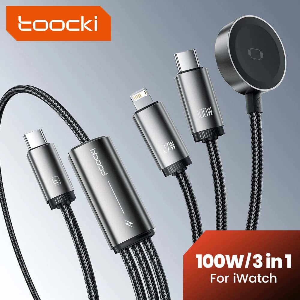 Toocki PD 100W Type C To Type C iP Port Cable 3-in-1 Fast Charge For iPhone 17 Pro 11-14 Series With Watch Charge For iWatch SE