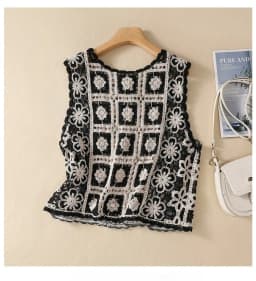 Granny Square Crochet Knit Blouse Tip Up Floral Lace Vest Women Openwork Knitted Sleeveless Waistcoat Summer Boho Beach Cover Up