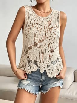 Sequin Crochet Lace Tank Top for Women Sleeveless Paisley Embroidered Hollow-out Open Knitted Blouse Summer Beach Boho Cover-up
