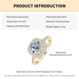 Rrjzz 8mm D Color Halo Round Moissanite Engagement Ring for Women 2CT VVS1 Lab Imitation Diamond Wedding Rings GRA Jewelry Gifts