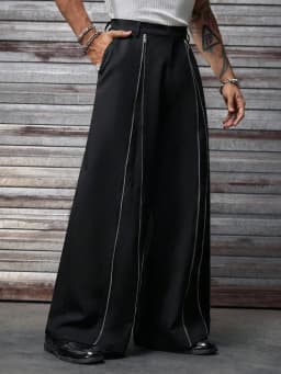 Spring/Summer Men's Solid Woven Pants, Zipper Decor, High Waist, Loose Wide Leg, Casual & Formal Suit Trousers for Daily Commute