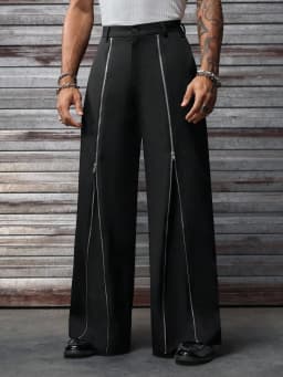Spring/Summer Men's Solid Woven Pants, Zipper Decor, High Waist, Loose Wide Leg, Casual & Formal Suit Trousers for Daily Commute