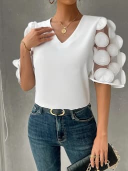 Women V Neck Blouse With Sheer Puff Sleeves And 3D Circle Appliques Casual Elegant Party Top