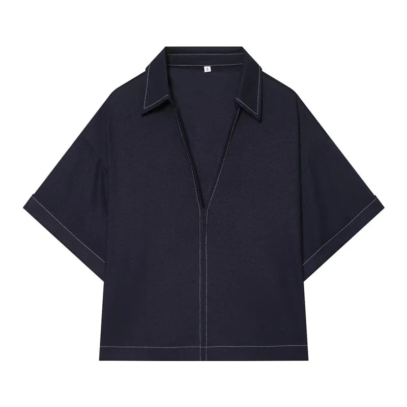 Women's Shirt 2026 Summer New Style Navy Short Sleeve Turn-Down Collar with Line Decoration Simple Pullover Shirt Fashionable