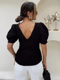 HH Woman Fashion Slim Bow Puff Sleeve O Neck Black Top Elegant Vintage Backless T-Shirt Summer Casual Holiday Night Wear Tops
