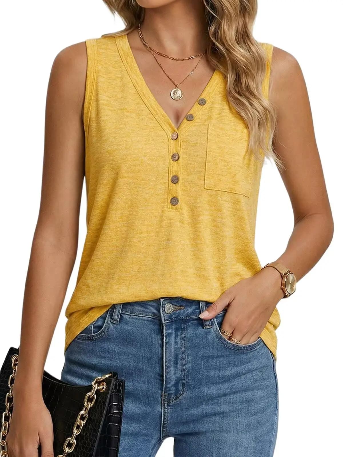 Women's V Neck Henley Tank Top Loose Fit Sleeveless Casual Clothing with Pocket Summer Womens Tops