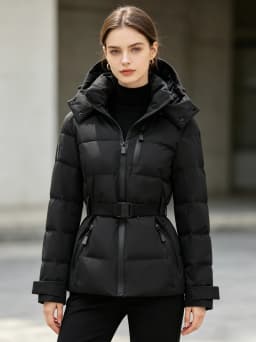 Women's Fashionable Winter Warm Jacket Casual Versatile Detachable Hood Coat with Belt Zippered Windproof Outdoor Clothes
