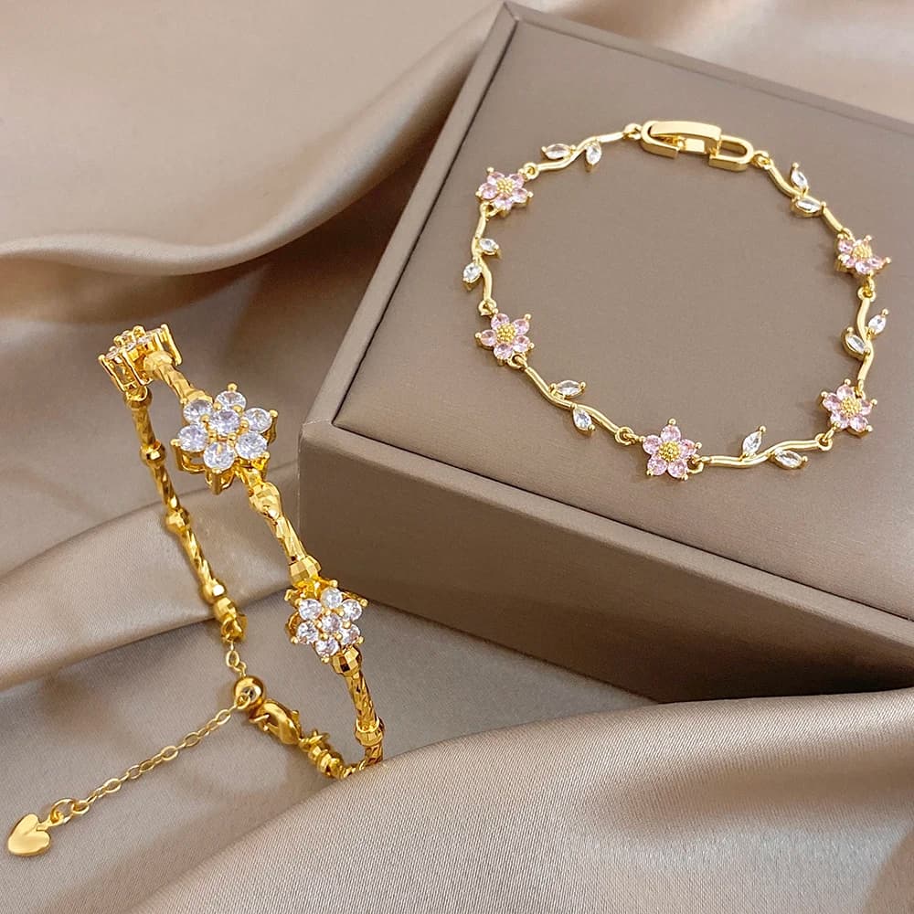 AENSOA Pink Flower White Cubic Zircon Filled Leaf Shape Bracelet For Women Men Charm Temperament Stainless Steel Unique Bangle